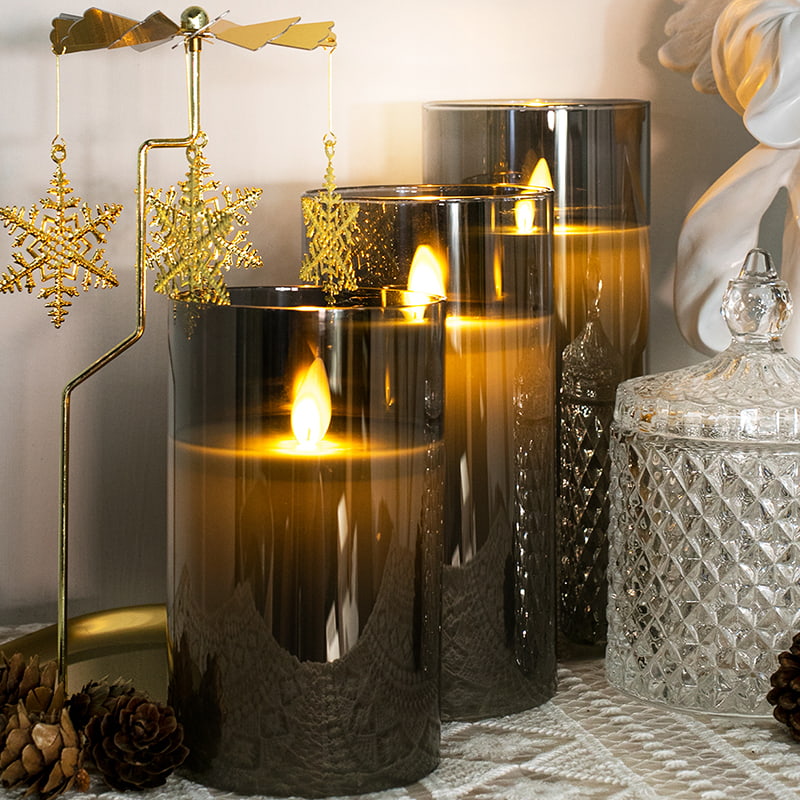 3-pack gråa flamlösa glasljus med fjärrkontroll