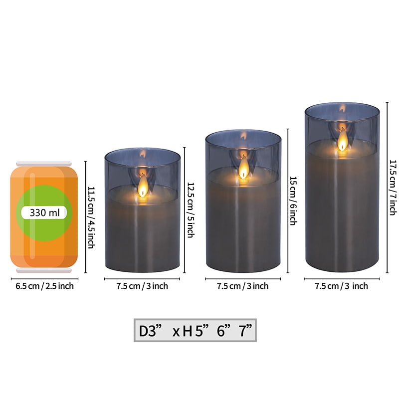 3-pack gråa flamlösa glasljus med fjärrkontroll