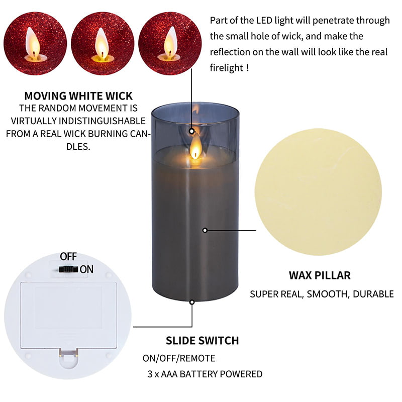 3-pack gråa flamlösa glasljus med fjärrkontroll