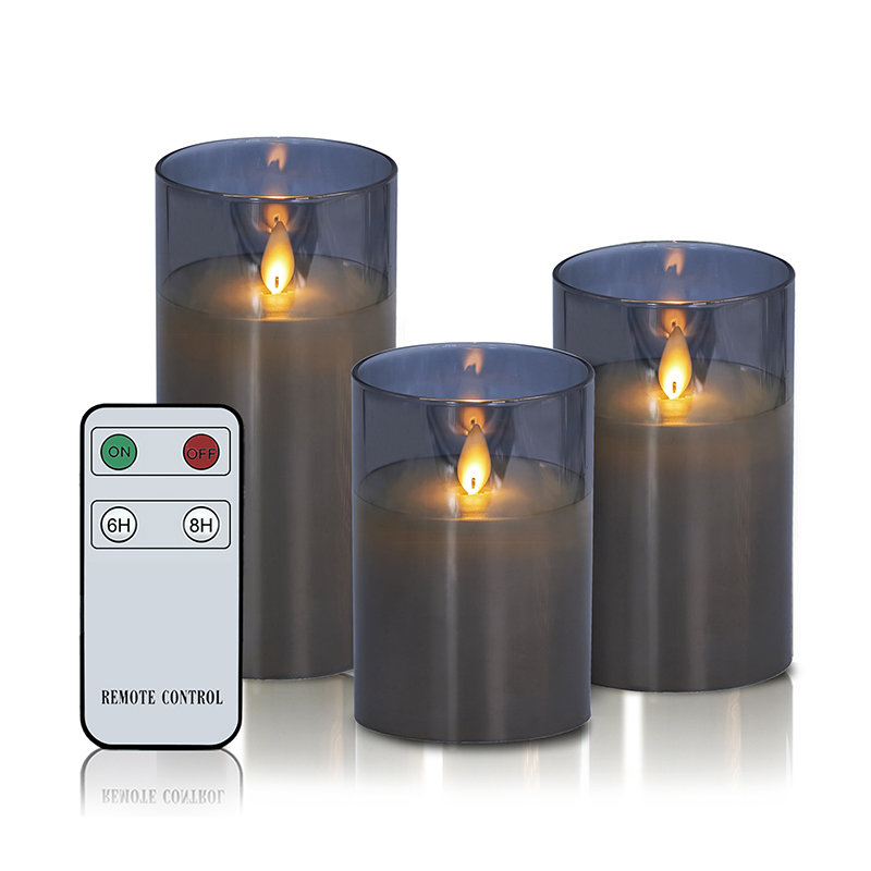 3-pack gråa flamlösa glasljus med fjärrkontroll